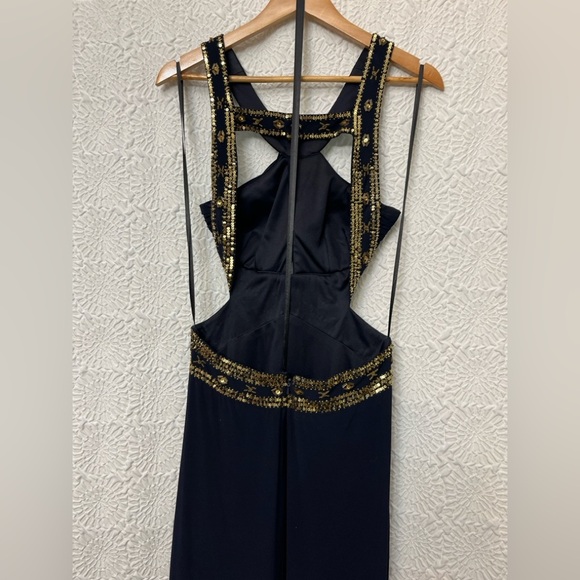 Betsy & Adam Navy Formal Gown Size 8 Gold Beaded Trim Cutout Halter Prom Pageant - Picture 3 of 15